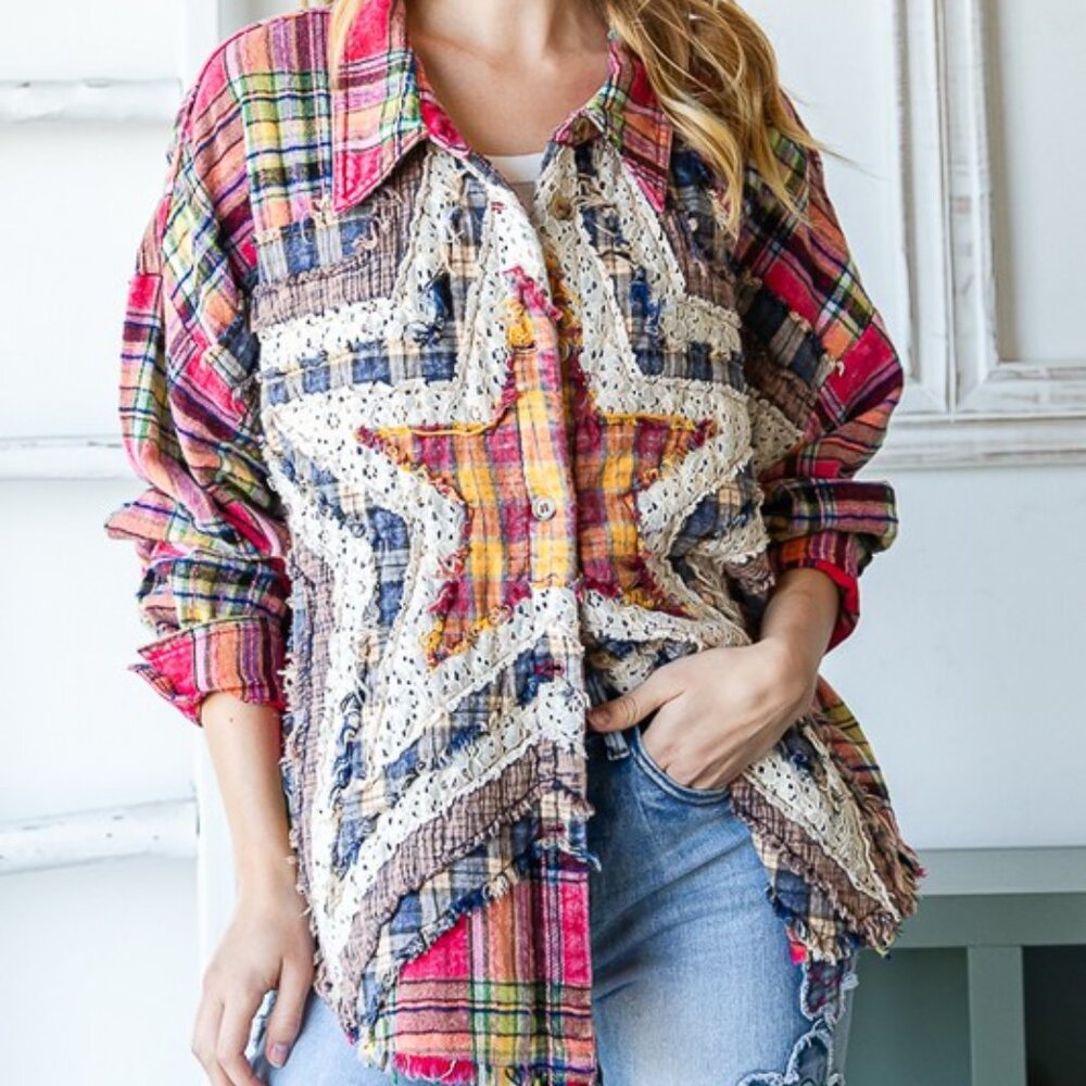 Oli & Hali Washed Star Plaid Shirt in Pink/Blue - Picture 3 of 5